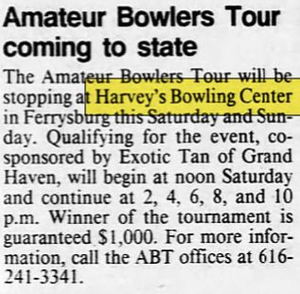 Harveys Bowling Center - Jan 1989 Article (newer photo)